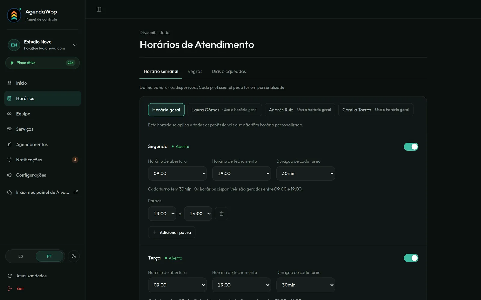 Tela de Horários do painel da AgendaWPP: horário semanal, regras e dias bloqueados, com horário próprio por profissional