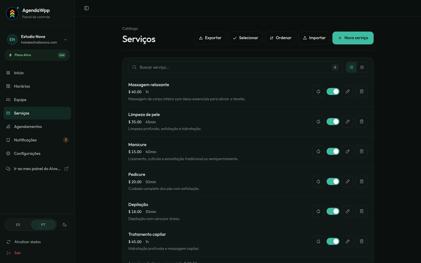 Tela de Serviços do painel: cada serviço com preço, duração e um botão para ativar ou desativar